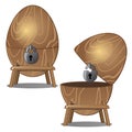 Closed and open wooden eggs with lock on stand