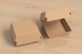 Closed and opened cardboard food box mock up. Packaging for hamburger lunch fast food burger and sandwich