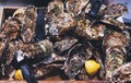 Closed oysters with lemon, fresh oyster shell, mollusks in seafood market, aphrodisiac sea food restaurant, expensive fresh food