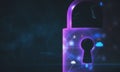 Closed padlock icons over blurry immersive cyber security network interface hologram Royalty Free Stock Photo