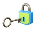 Closed padlock with key 3d render illustration. Metal key near hole in secured blue and green lock.