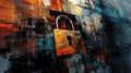 Closed padlock protecting abstract data cyber security