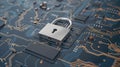 A closed padlock sits atop a dark blue circuit board with copper traces Royalty Free Stock Photo