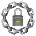 Closed padlock in strong steel circle chain