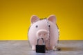 Closed piggy bank. Locked savings. Money protection concept. Royalty Free Stock Photo