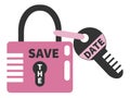 Closed pink padlock and key with words SAVE THE DATE. Design element Royalty Free Stock Photo