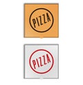 Closed pizza packaging mockup, round logo and inscription pizza. Realistic two new cardboard boxes, white and brown color isolated