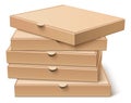 Closed pizza packs. Blank cardboard box in stack. Realistic mockup