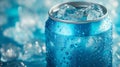 A closed plan of a chilled metal jar with a drop of water surrounded by ice cubes on a blue background. The image emphasizes Royalty Free Stock Photo