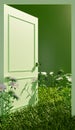 Closed plan of an open green door with vegetation Royalty Free Stock Photo