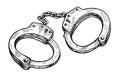 Closed prison handcuffs hand drawn sketch. Metal shackles, police arrest, justice concept. Vector illustration isolated