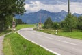 Closed railroad crossing with mountains Royalty Free Stock Photo