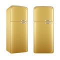 Realistic retro style kitchen refrigerator, painted in gold beige color. Vector illustration set isolated on white background.