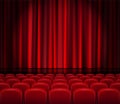 Closed Red Curtains with Seats in a theater or ceremony. Realistic Theater hall, Opera or Cinema Scene for your design Royalty Free Stock Photo