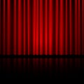 Closed red theater curtain with reflection in bottom. Background for banner or poster. Vector illustration