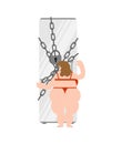 Closed refrigerator chain and fat woman. Diet concept. Large pad Royalty Free Stock Photo