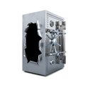 Closed, reliable and well-protected steel safe with lot of locks has a hole in side wall, concept of broken and destroyed safe, 3d