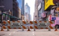 Closed road text sign, street barriers and traffic cones downtown, city center background. 3d illustration Royalty Free Stock Photo