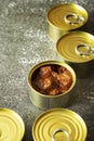 Closed round small cans except one with pieces of squid in sauce on a gray surface