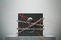 Closed safe box, chain, white wall, laser Royalty Free Stock Photo