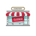 Closed shop building vector, store font view with close sign