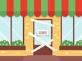 Closed shop or restaurant. Cartoon locked store door. Building facade with taped doorway. Blank white ribbon. Porch with