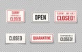 Closed sign. Temporarily closed of coronavirus realistic signs, CoVid-19 quarantine signboard for cafe and restaurants Royalty Free Stock Photo