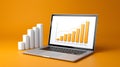 Silver laptop displaying growth chart beside white bar graph on vibrant orange background, illustrating business analytics and Royalty Free Stock Photo