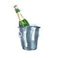 Champagne bottle in the bucket watercolor illustration isolated on white Royalty Free Stock Photo