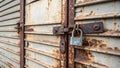 Closed steel door with padlock and rusty corrugated iron Royalty Free Stock Photo