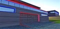 Closed steel garage gate of the upscale house illuminated in red and blue in the morning. 3d rendering. Glass fence of the open