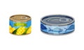 Closed Steel Labeled Can or Tin with Corn and Fish Vector Set