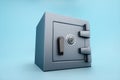 Closed steel safe isolated on a blue background. Savings protection concept, bank deposit, saving money. 3D illustration, 3D