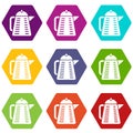 Closed teapot icons set 9 vector