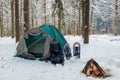 Closed tent in the snow in the winter forest and a fire