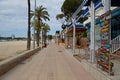 Closed terraces and touristic bars in the deserted beach of Magaluf in Mallorca during the COVID-19 outbreak