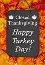 Closed Thanksgiving sign on a chalkboard sign on pumpkins Royalty Free Stock Photo