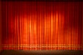 Closed theater curtain, red and gold, illuminated by devices. Royalty Free Stock Photo