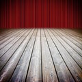 Closed theater red curtains and wooden floor against a cloudy sky - concep timage Royalty Free Stock Photo