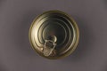 A closed tin can against a gray background. Round container with canned food in gold color. Top view. Selective focus. No people Royalty Free Stock Photo