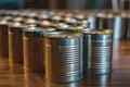 Closed tin cans on brown table