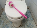 closed toilet and toilet brush
