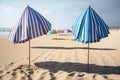Closed umbrellas side by side on the beach, generative Ai