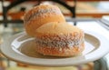 Closed up Alfajores sweets, traditional Latin American sweetened milk filling cookies served on white plate