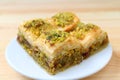 Closed up of Baklava with Pistachio Nuts Served on White Plate Royalty Free Stock Photo