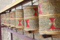 Closed up the Buddhist prayer wheels at temple Royalty Free Stock Photo