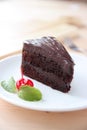 Closed up dark chocolate cake with cherry and green mint leaves. Royalty Free Stock Photo