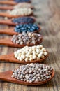 Closed up dry organic lentils seeds in wooden spoon