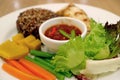 Closed Up Fresh and Boiled Vegetables with Spicy Shrimp Paste Dip, Thai Food Traditional Side Dish