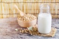 Closed up fresh organic homemade soybean milk in glass bottle over blur soybean seed pile in wooden bowl Royalty Free Stock Photo